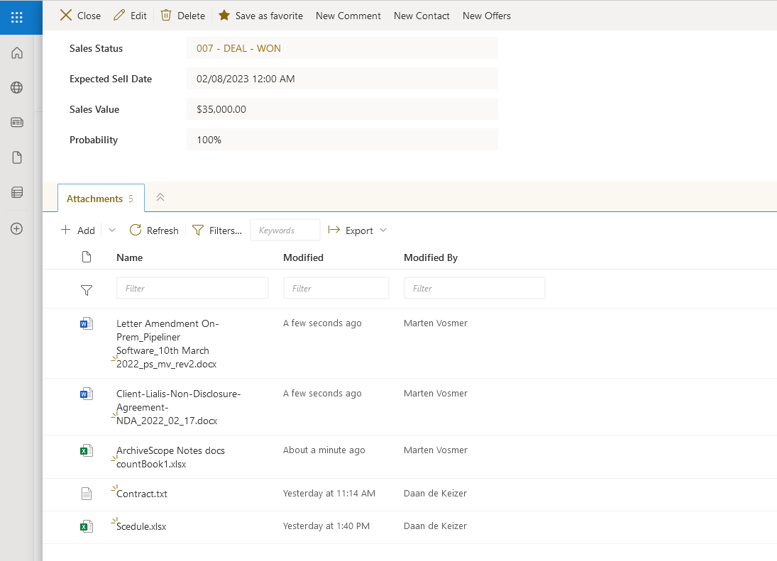 track and manage sales leads with SharePoint LeadMaster main view attachments