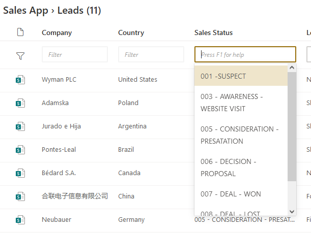 track and manage sales leads with SharePoint LeadMaster main view - filter options