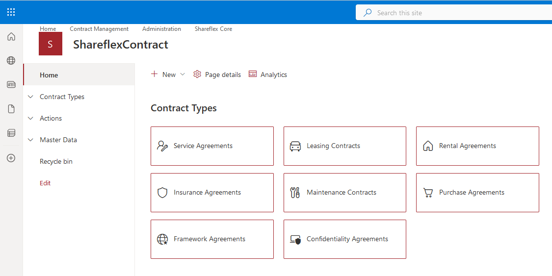 SharePoint Contract Management contract types