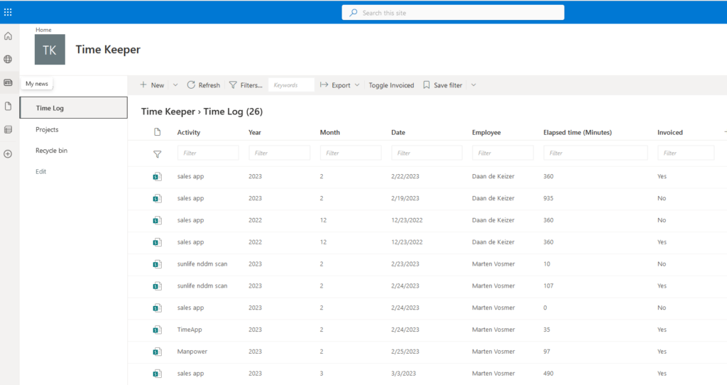 TimeKeeper for SharePoint view showing all hours written