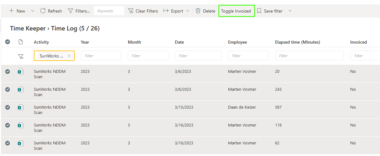 TimeKeeper for SharePoint toggle invoiced to yes