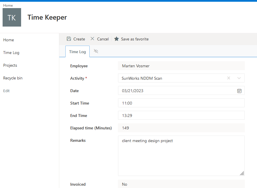 TimeKeeper for SharePoint reporting and invoicing - new time registration