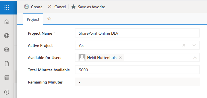 TimeKeeper for SharePoint Time registration home screen - project settings