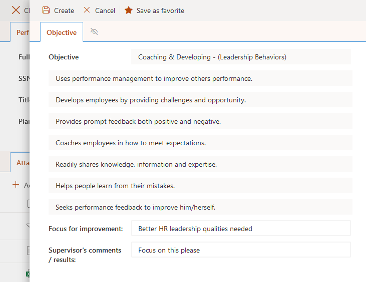 Employee Performance Manager person form coaching objective
