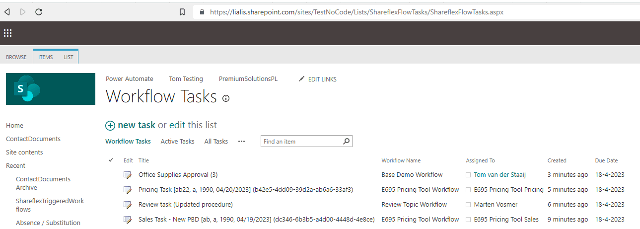 Business Applications SharePoint Online - users workflow tasks