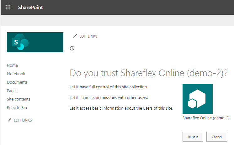 installing shareflex sharepoint online trust app