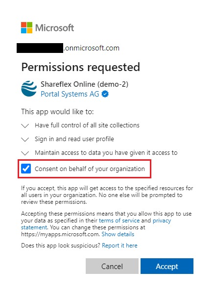 installing shareflex sharepoint online deployment site consent