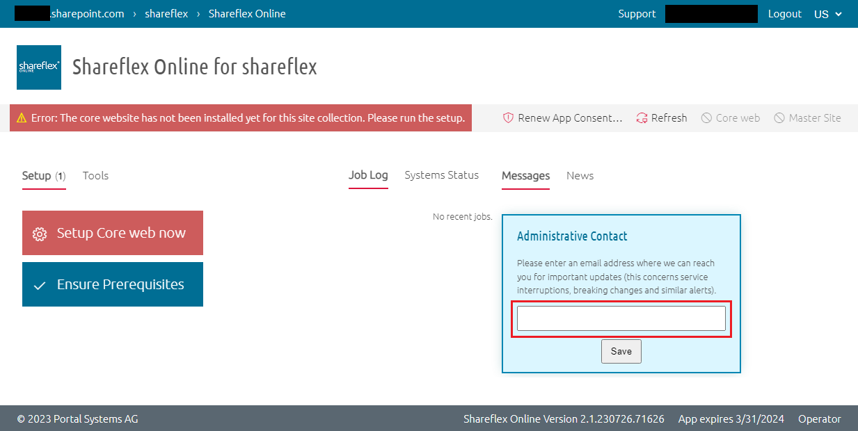 installing shareflex sharepoint online set admin contact name