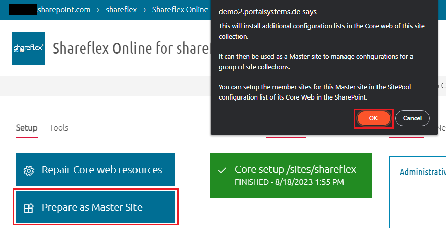 installing shareflex sharepoint online prepare master site