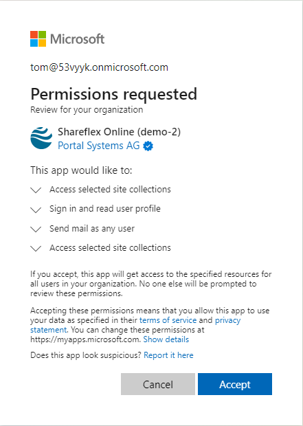 Installing Shareflex on your SharePoint tenant - shareflex permissions required prompt