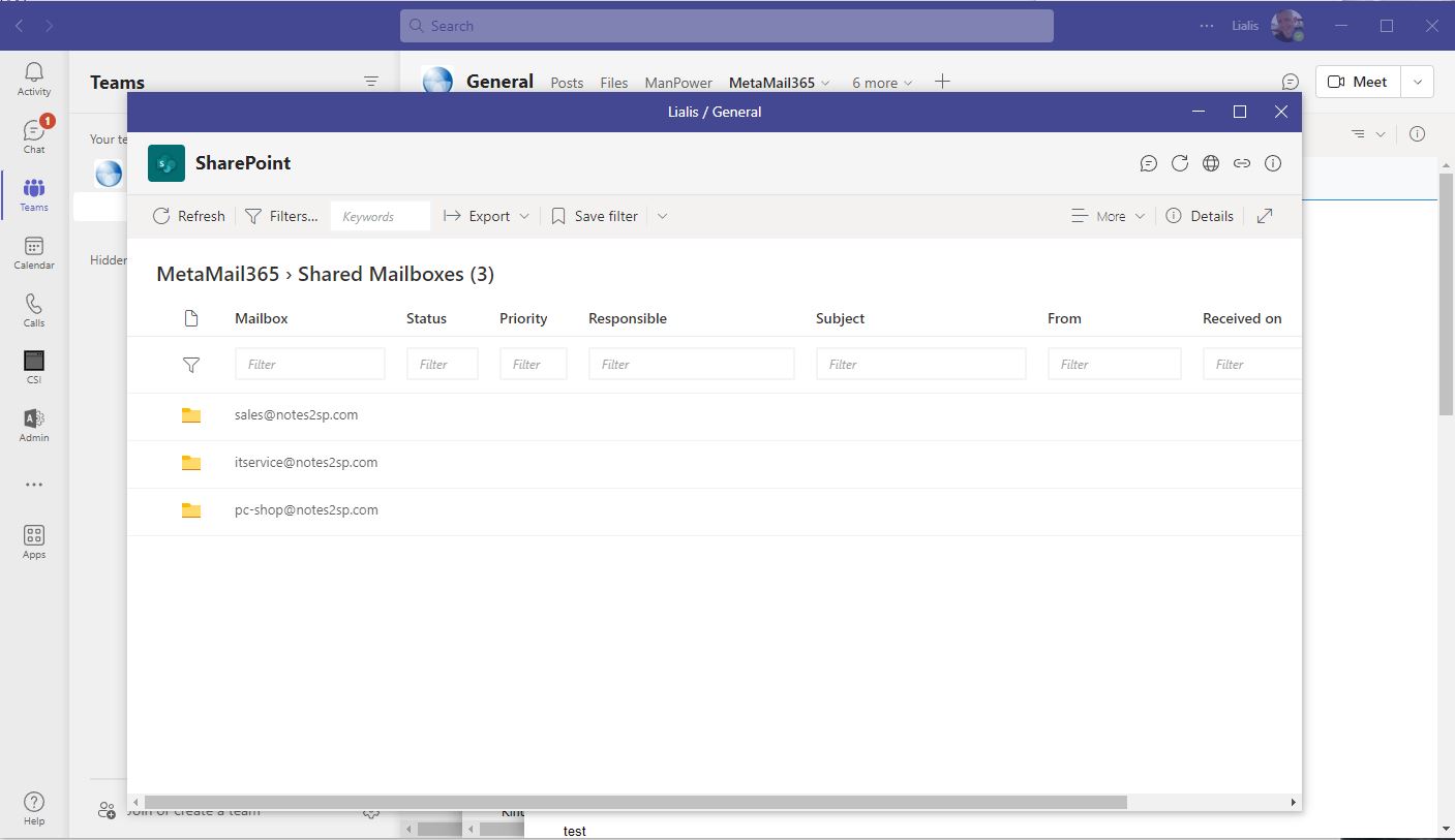 MS Teams MetaMail365 inbox view