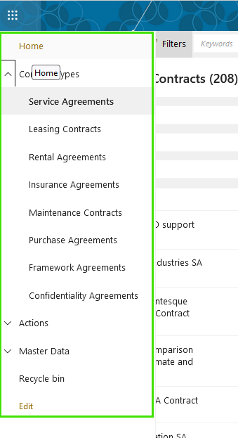 End User Manual Contract Management contract left menu contract types