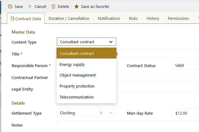 End User Manual Contract Management - contract content type - change contract forms on the fly