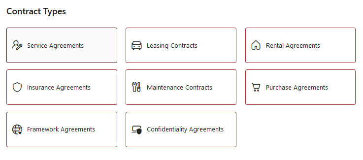 End User Manual Contract Management - app home screen showing different contract types