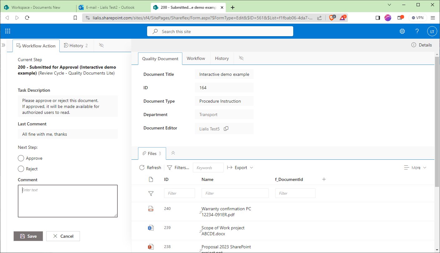 SharePoint Shareflex Quality Docs Lite demo workflow approval screen