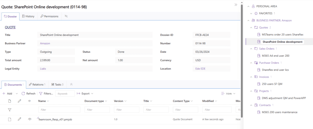 Shareflex Documents – quote dossier with metadata, documents, relations, tasks and dossier structure