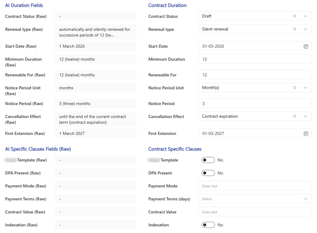 Duration fields: the raw text from the contract next to the clean values (dates, numbers, choices) derived from it.