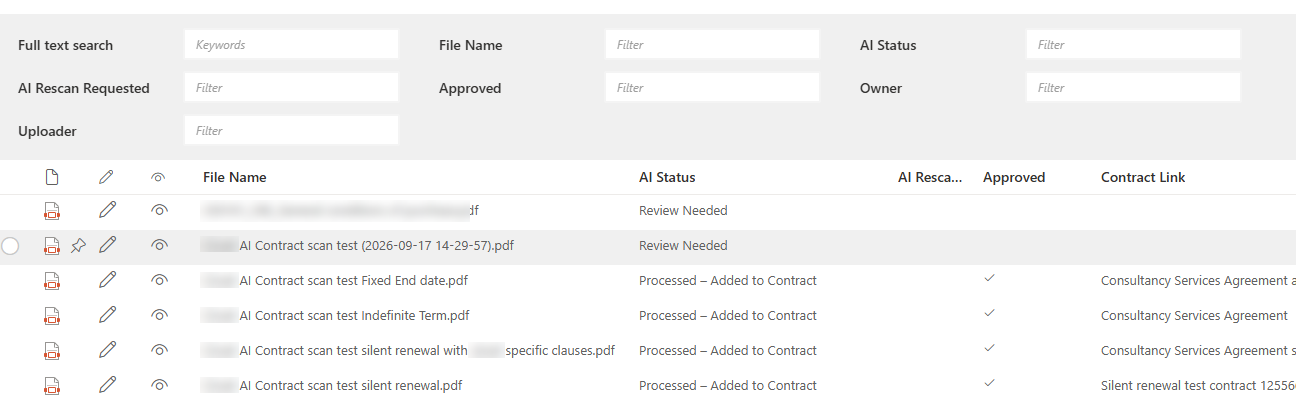 The AI Scan library: every uploaded PDF with its AI status, approval and a link to the contract it created.