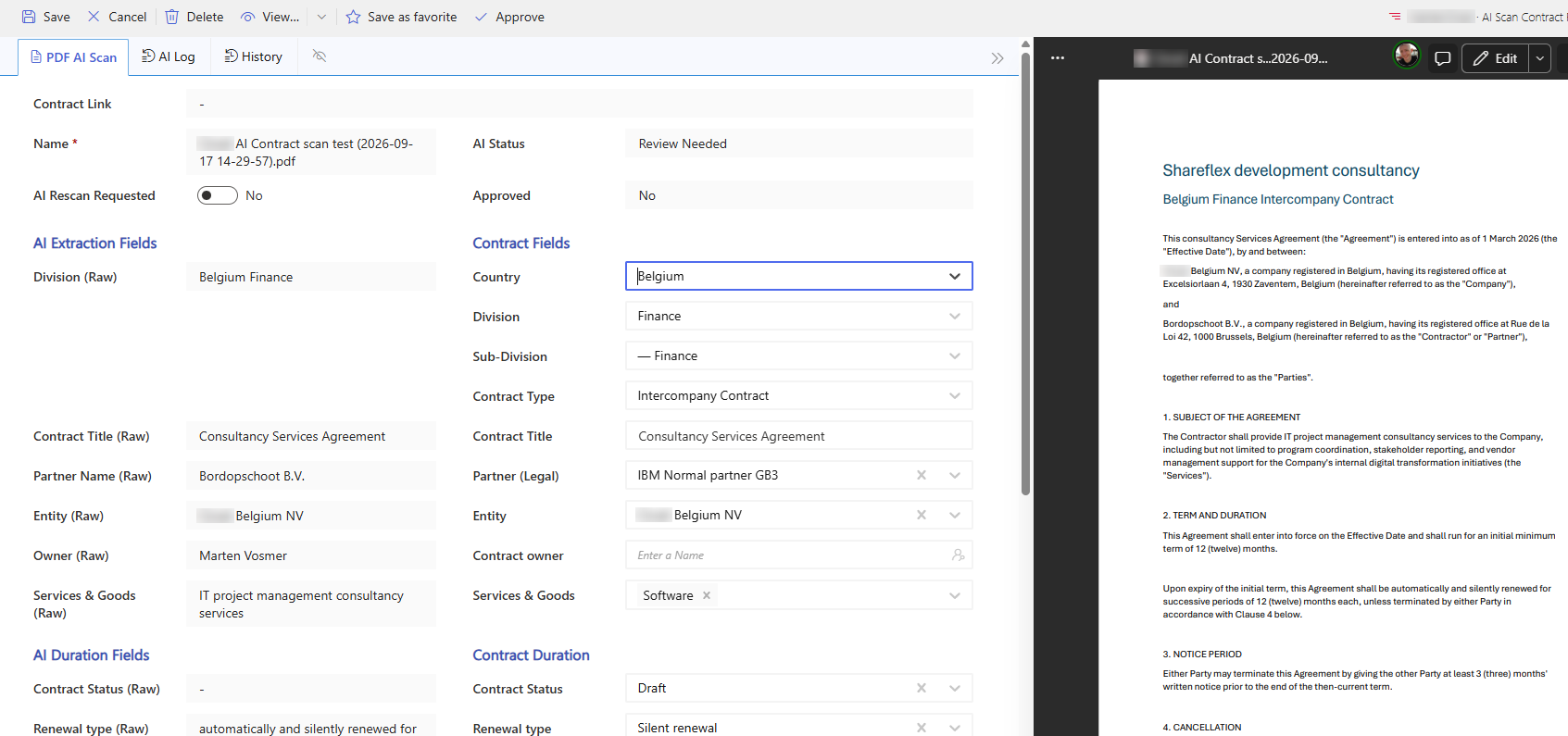 The result: a contract module that speaks the customer’s language – here the AI PDF scan review form.