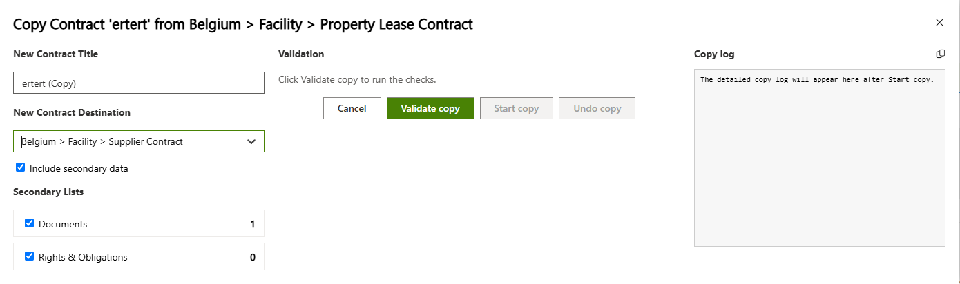 The Copy Contract dialog: new title, destination (country > division > contract type) and the secondary lists with their item counts.