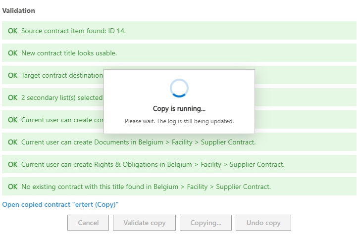 Copy in progress: live log on the right, and a direct link to the copied contract.