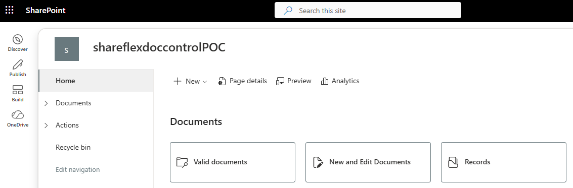 The Document Control site in SharePoint: valid documents, new and edit documents, and records.