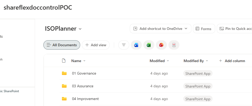 The ISOPlanner shadow library in SharePoint: one folder per area, created from the Shareflex metadata.