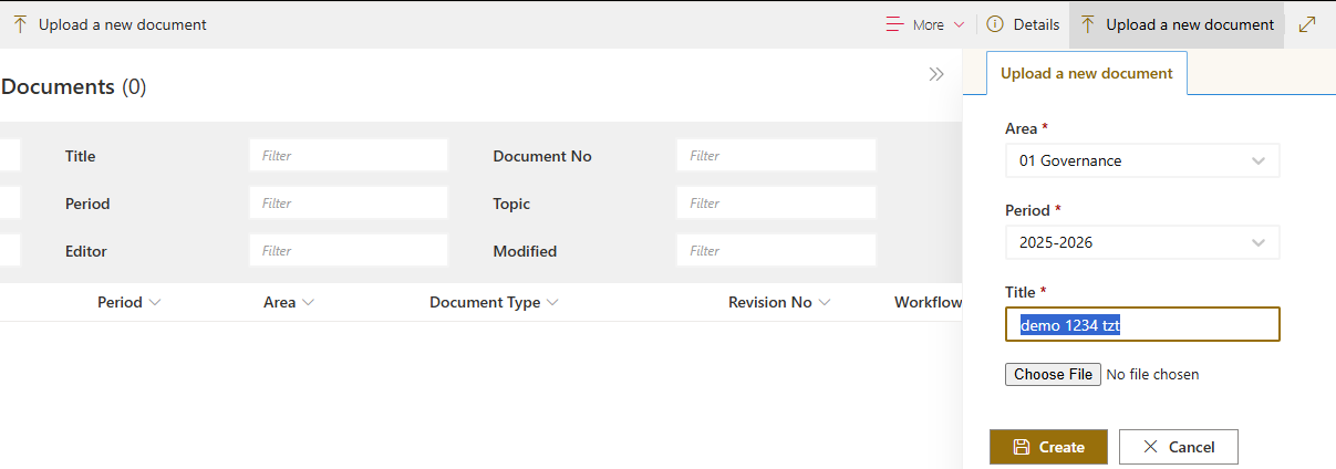 Upload a new document: only Area, Period and Title are needed to start.