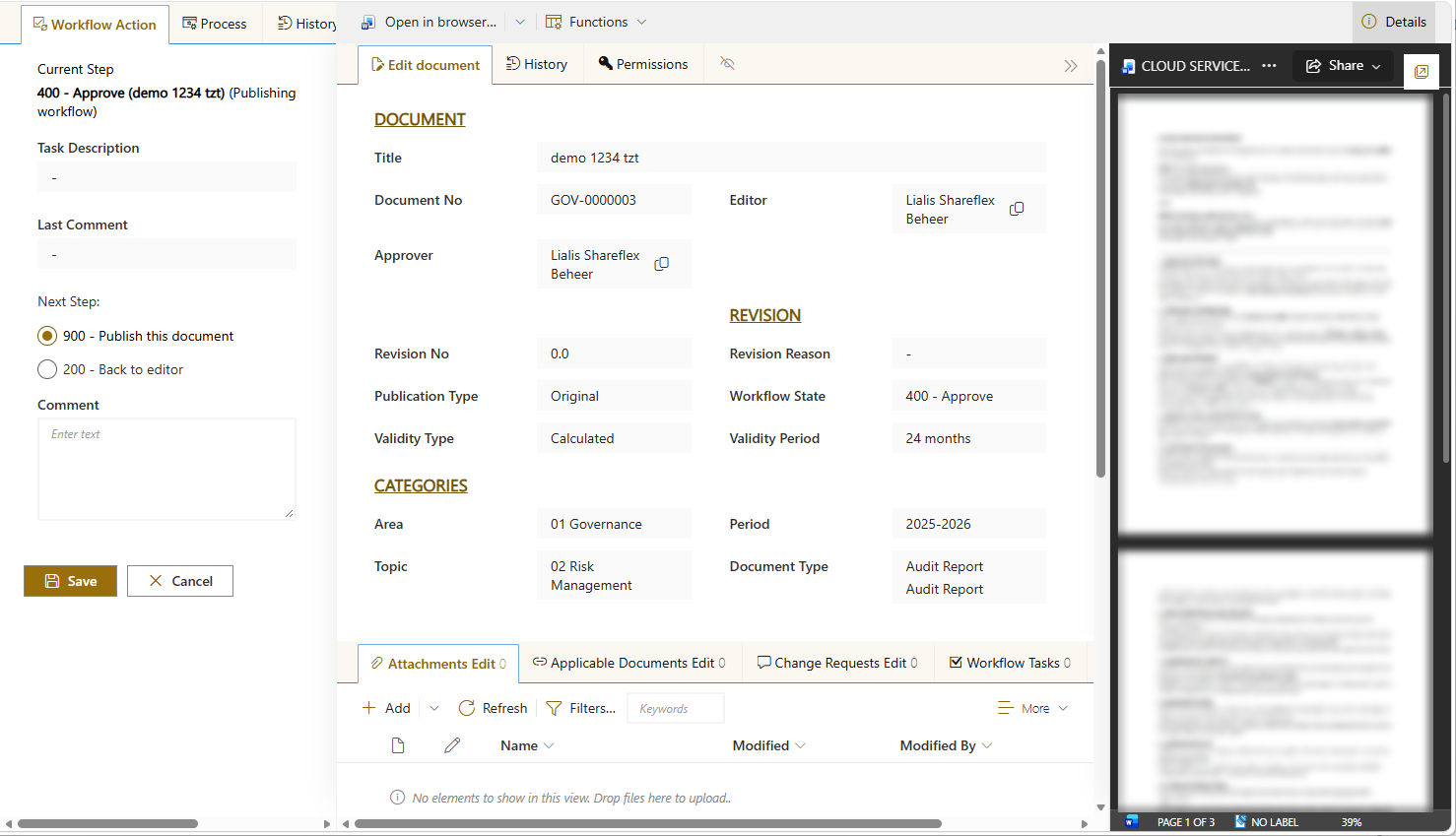 The publication workflow: the approver publishes the document or sends it back to the editor.