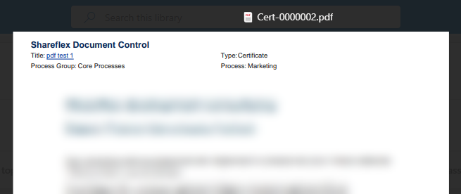A stamped PDF in the ISOPlanner library: the Shareflex Document Control header with a clickable title and the document metadata (an early test run; document content blurred).