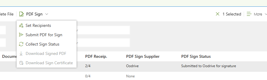 PDF Sign Supplier and PDF Sign Status as columns in the Documents list.