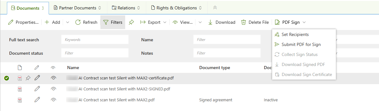 The PDF Sign menu on the contract’s Documents tab: options switch on and off based on the selected documents.