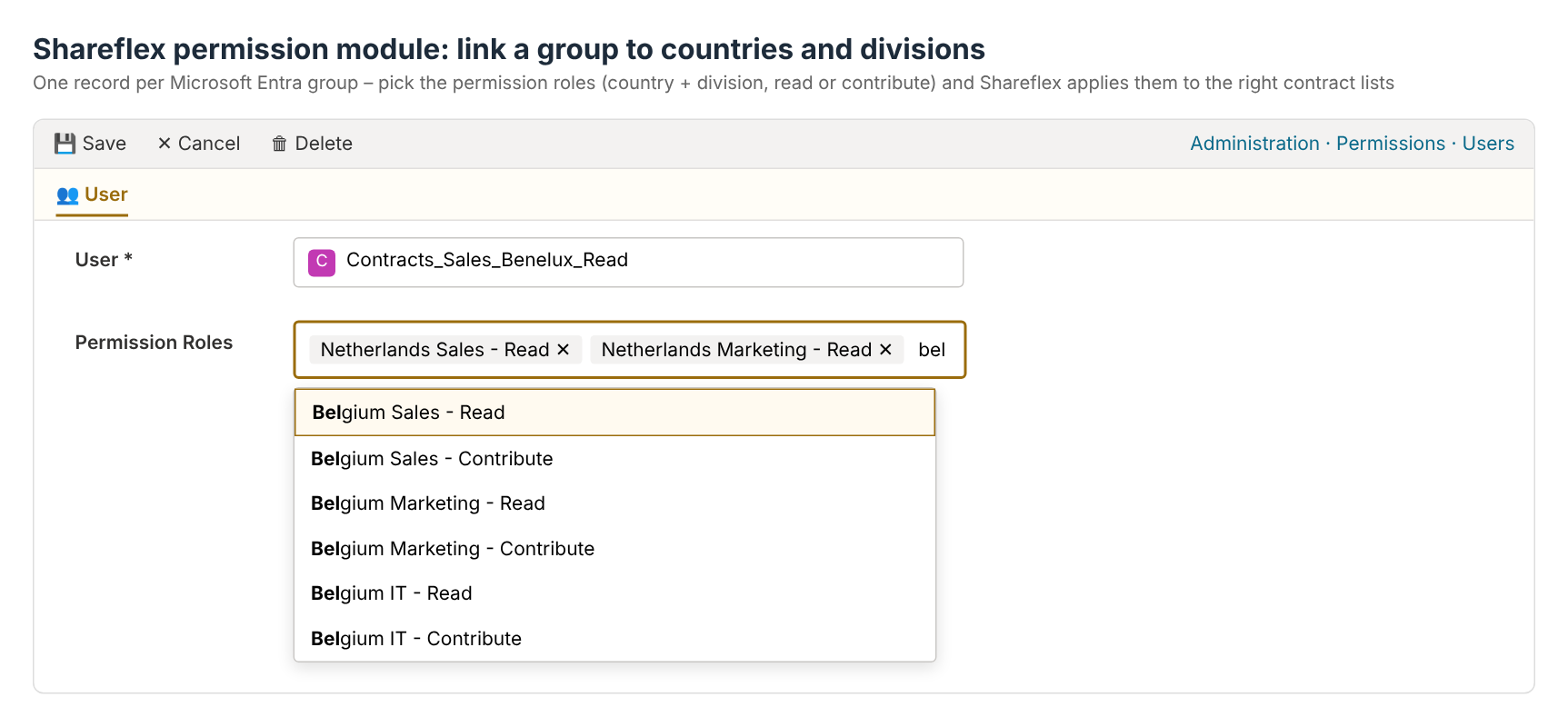 Shareflex permission module: a Microsoft Entra group linked to permission roles per country and division, read or contribute.
