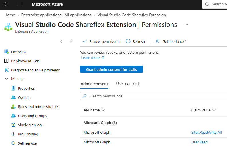 The Shareflex Code enterprise application in Microsoft Entra ID, with delegated permissions only.