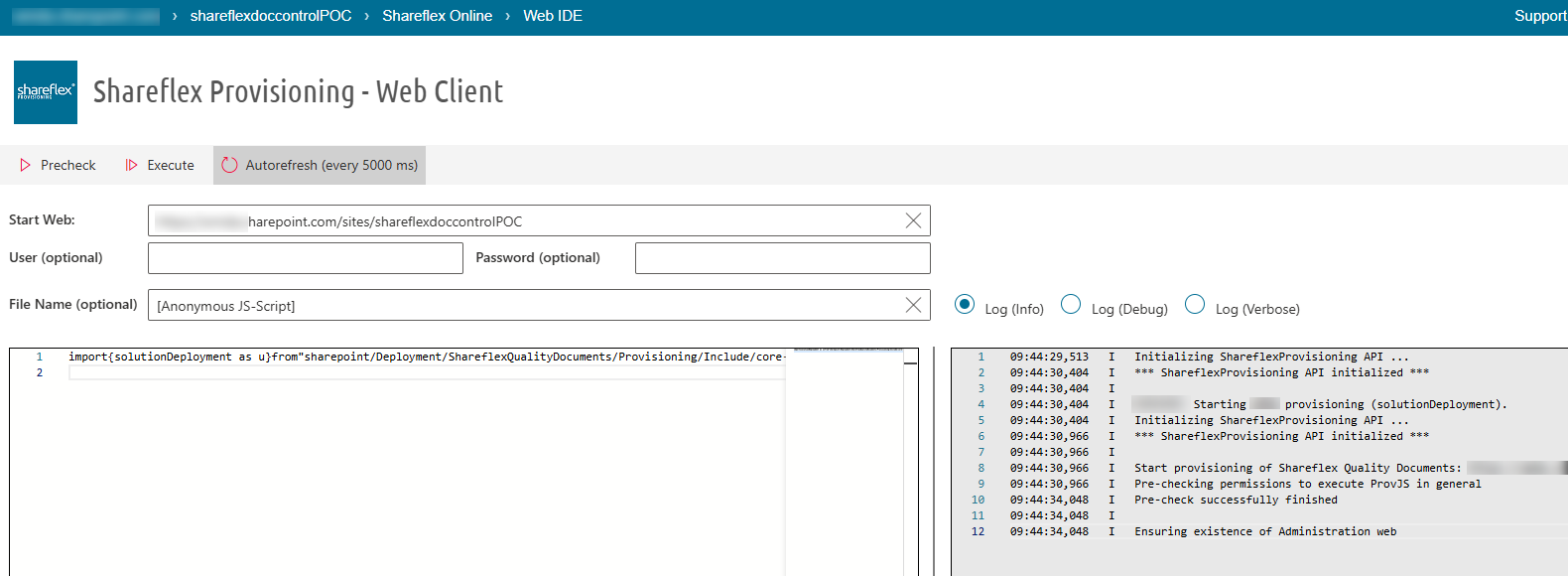The Shareflex Provisioning Web Client running a deployment script on the customer’s site.