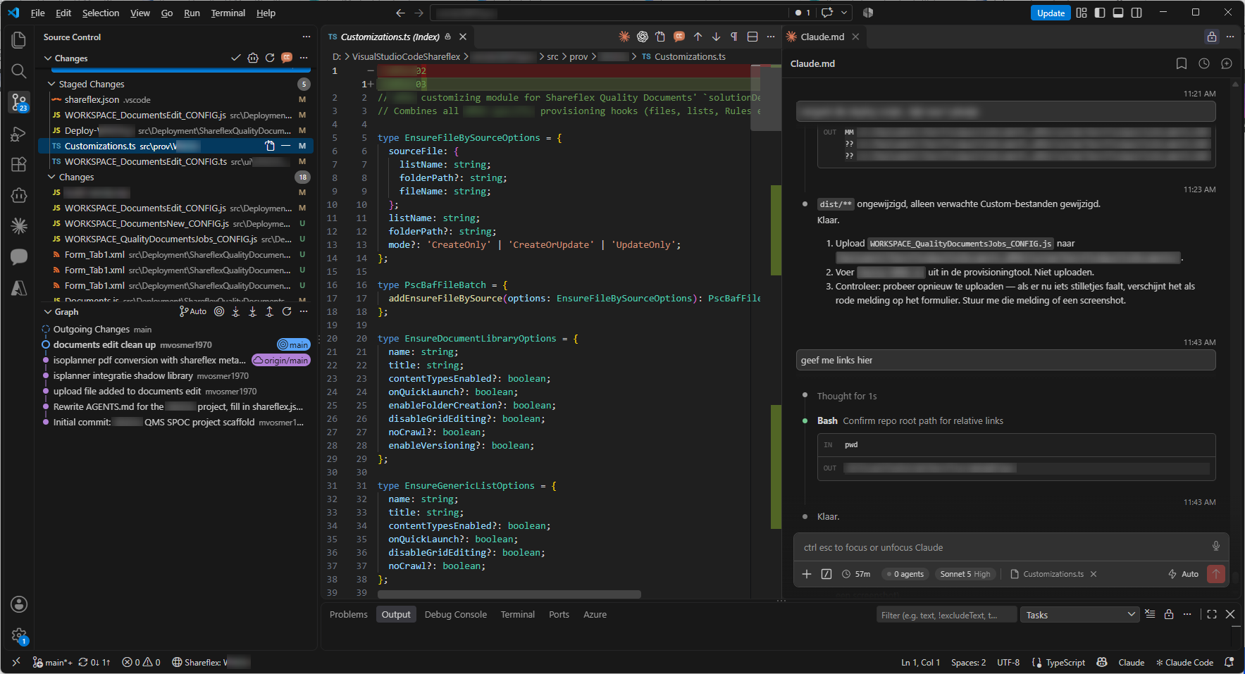Visual Studio Code with the Shareflex project: source control on the left, TypeScript in the middle, Claude on the right.